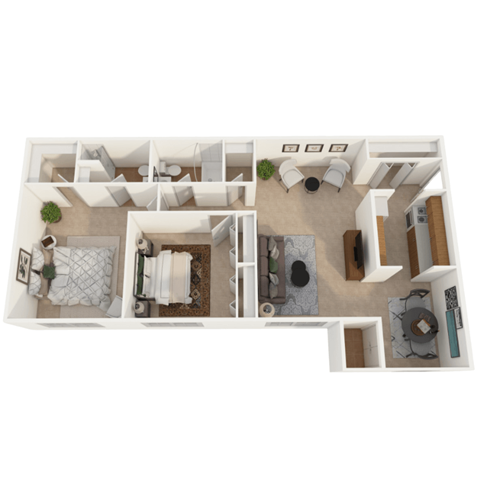 Floor plan for 2 beds, 2 baths, 1020 sqft